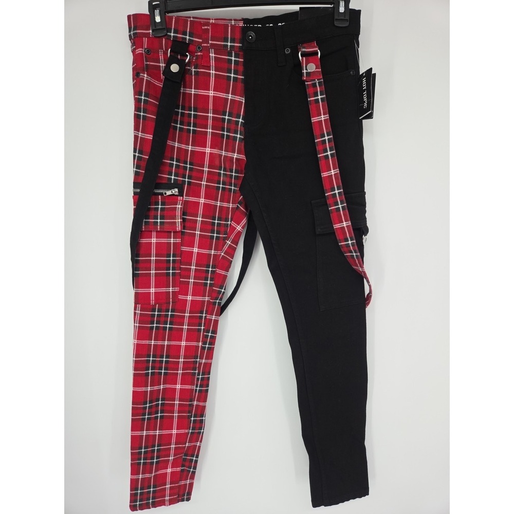 Hot Topic HT Denim Stinger Skinny Jeans 32x30 Red Black Plaid Grunge Punk NWT